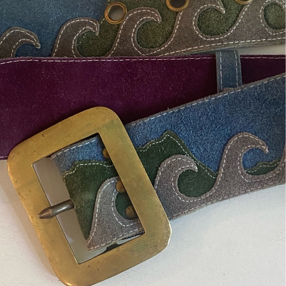 Vintage Leather Belt with Gold Buckle Nautical theme with pirate ship and waves - Picture 1 of 7